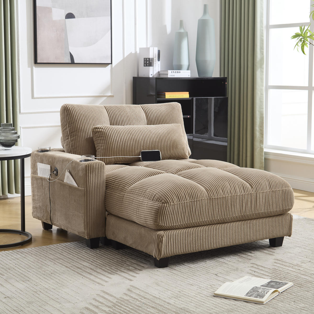 SOFABETT 140/112/81 cm Khaki - Taupe, Textil (112/81/140cm)