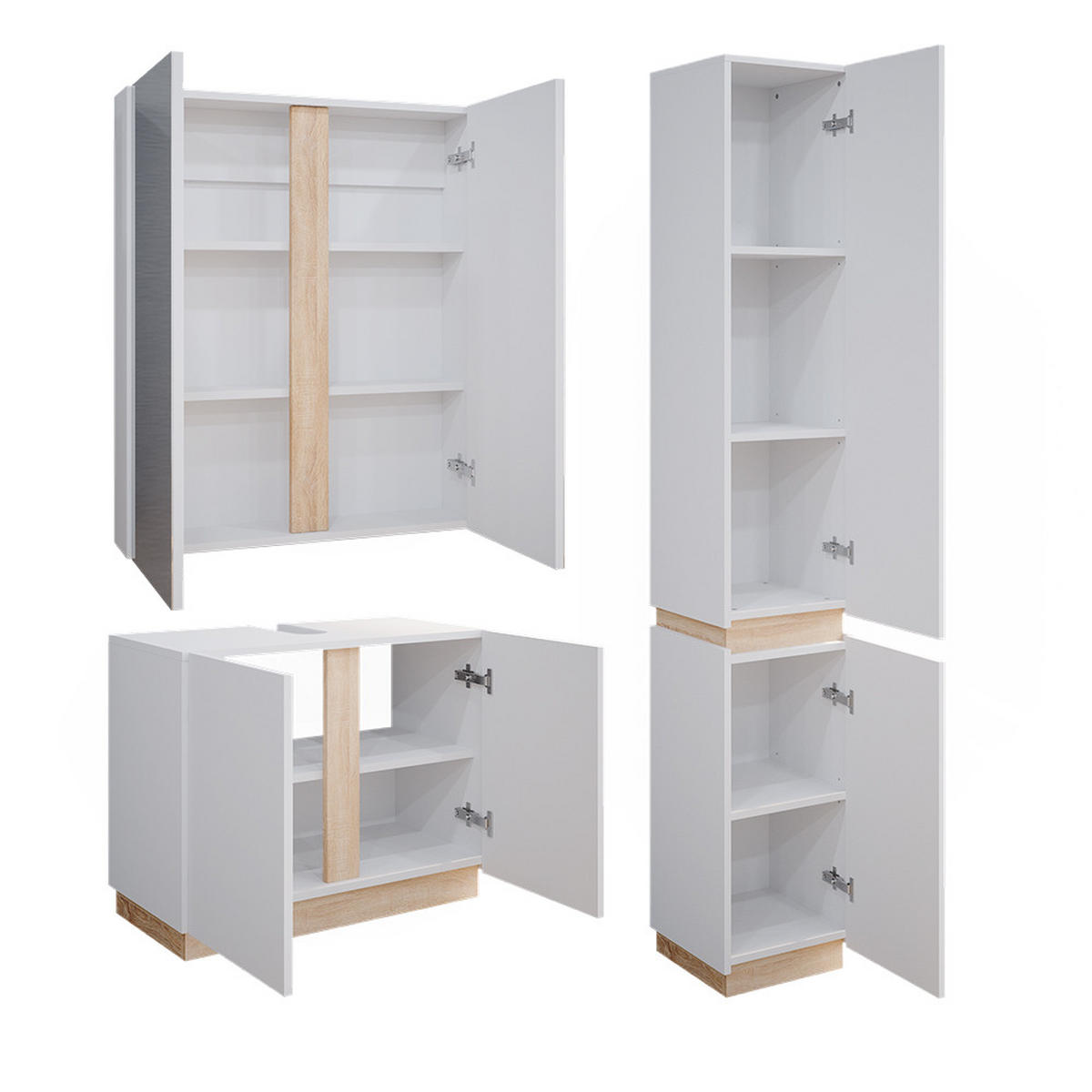 BADMÖBEL-SET Gloria Weiß 3 Teile, mit Hochschrank - Weiß/Sonoma Eiche, Holzwerkstoff (70/55/34cm) - Vicco