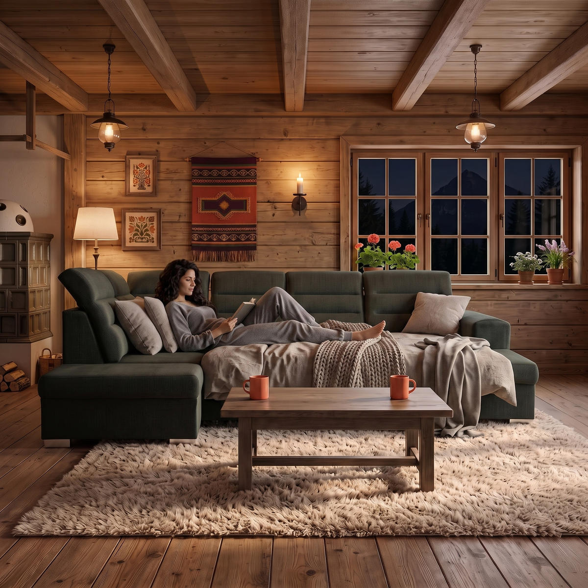ECKSOFA U-Form CLOUD U Links mit Schlaffunktion 120x252 Velours Dunkelgrün - Dunkelgrün/Silberfarben, Holz/Kunststoff (320/103/202cm) - Muffo