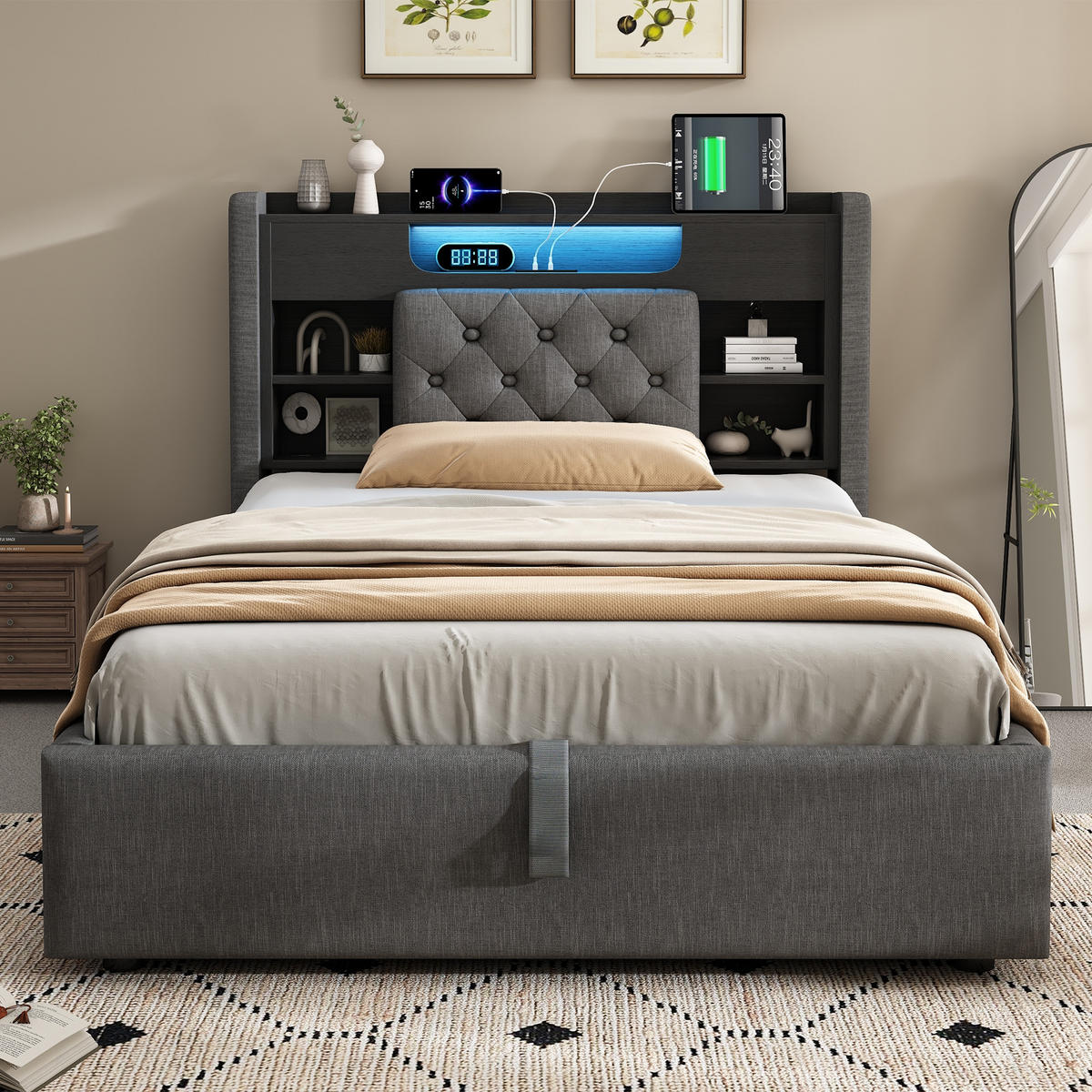 POLSTERBETT 90/200 cm Grau mit LED-Beleuchtung und Stauraum-Kopfteil - Grau, Textil (90/200cm) - Oxeza
