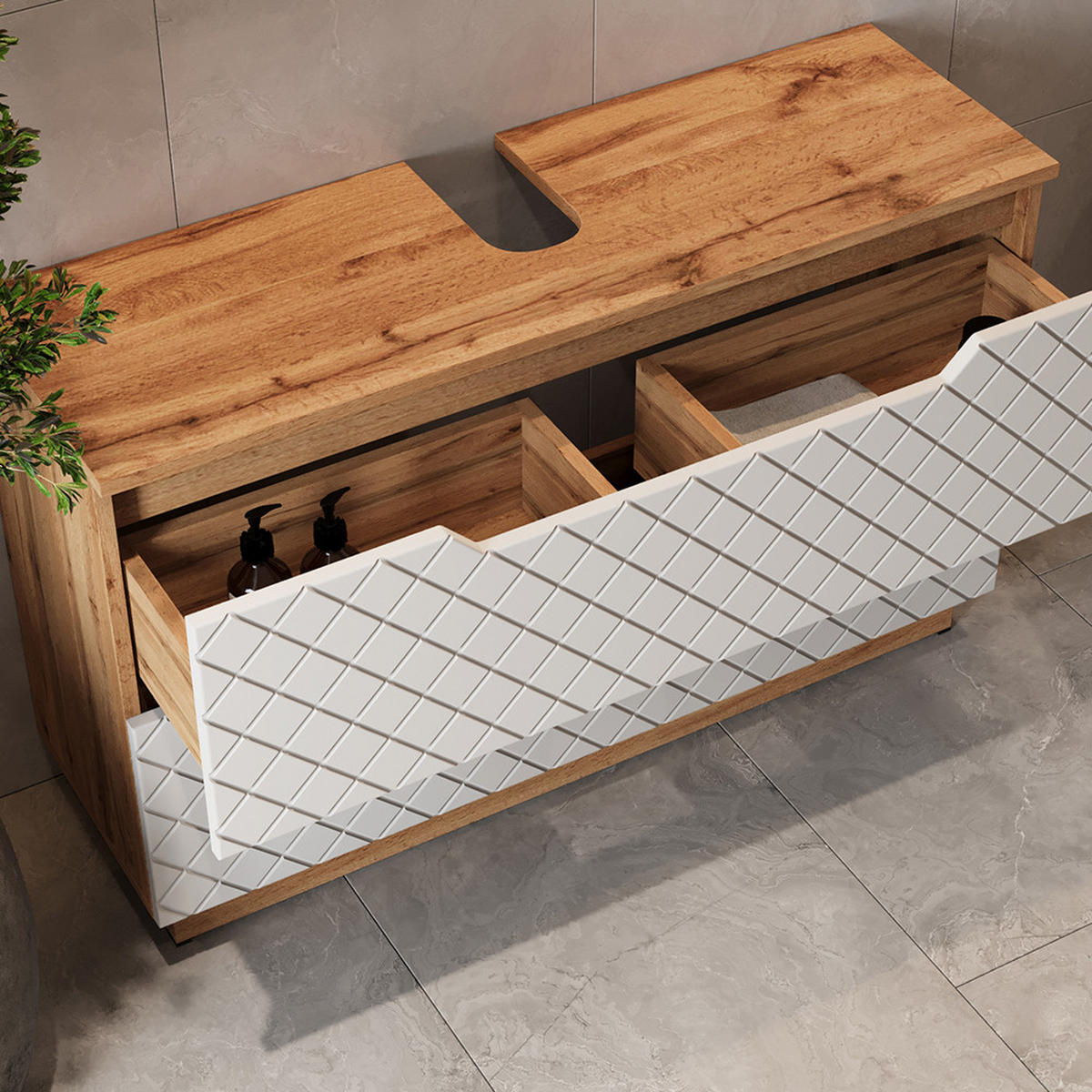 BADMÖBEL-SET Lotta Eiche/Weiß mit Kachelstruktur 2 Teile - Eichefarben/Weiß, Holzwerkstoff (99.4/62.5/32cm) - Vicco