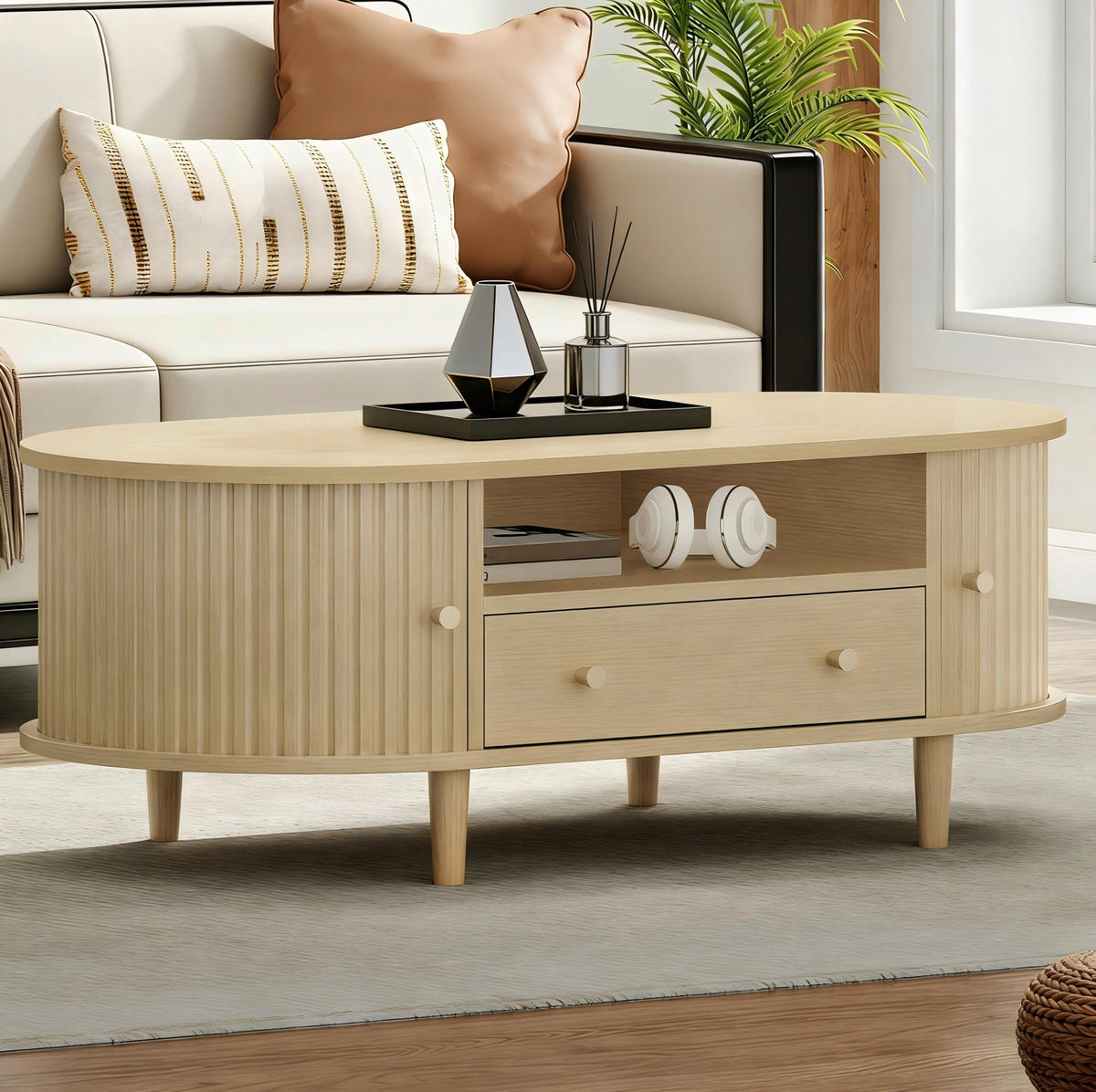 KONFERENČNÍ stolek z MDF 100x50x36 cm dubová barva se zásuvkou, roletovými dvířky a otevřeným úložným prostorem - barva dubu, kompozitní dřevo (100/50/36cm) - Modfu