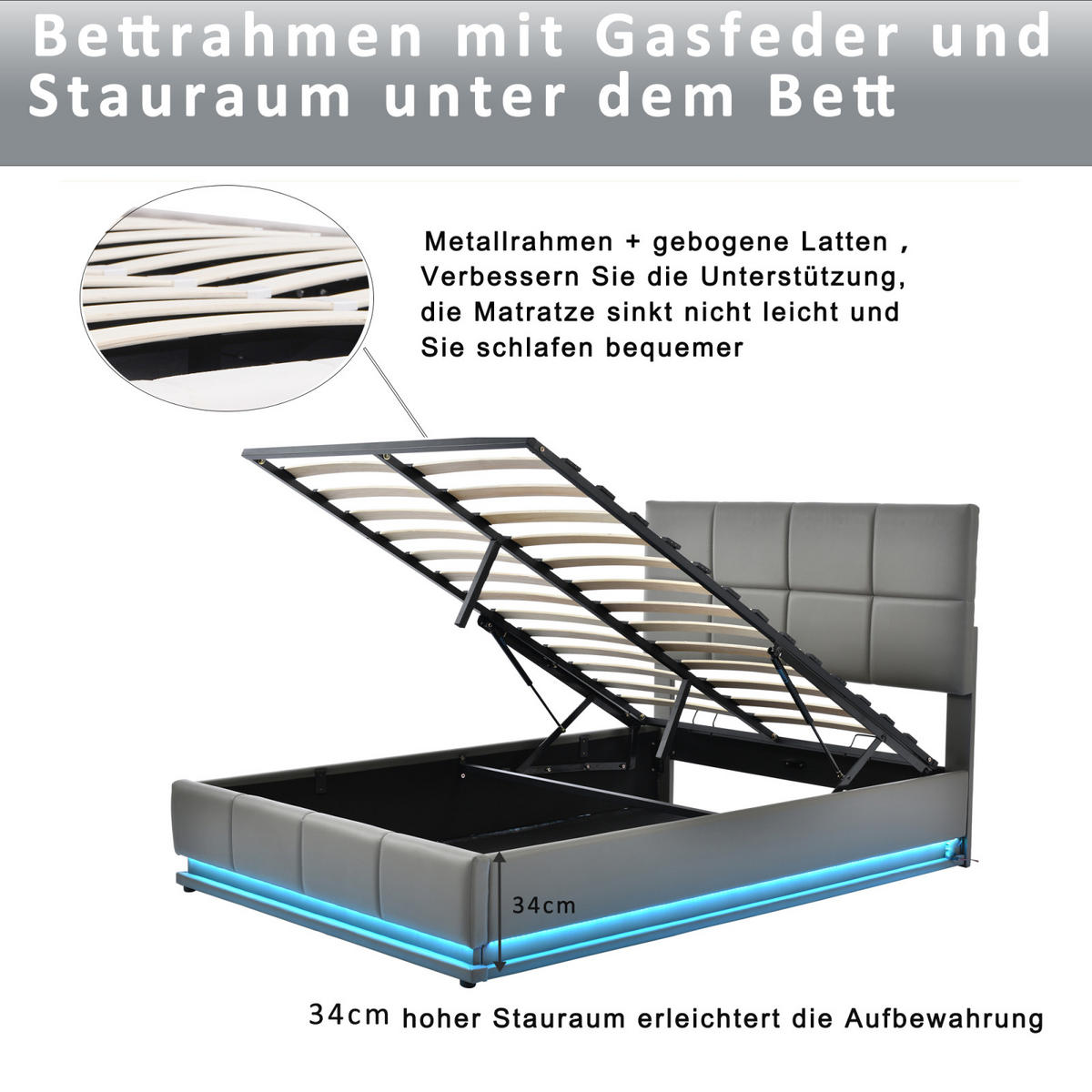 POLSTERBETT 140x200 cm, Grau, mit LED-Beleuchtung - Grau, Textil/Metall (140/200cm)