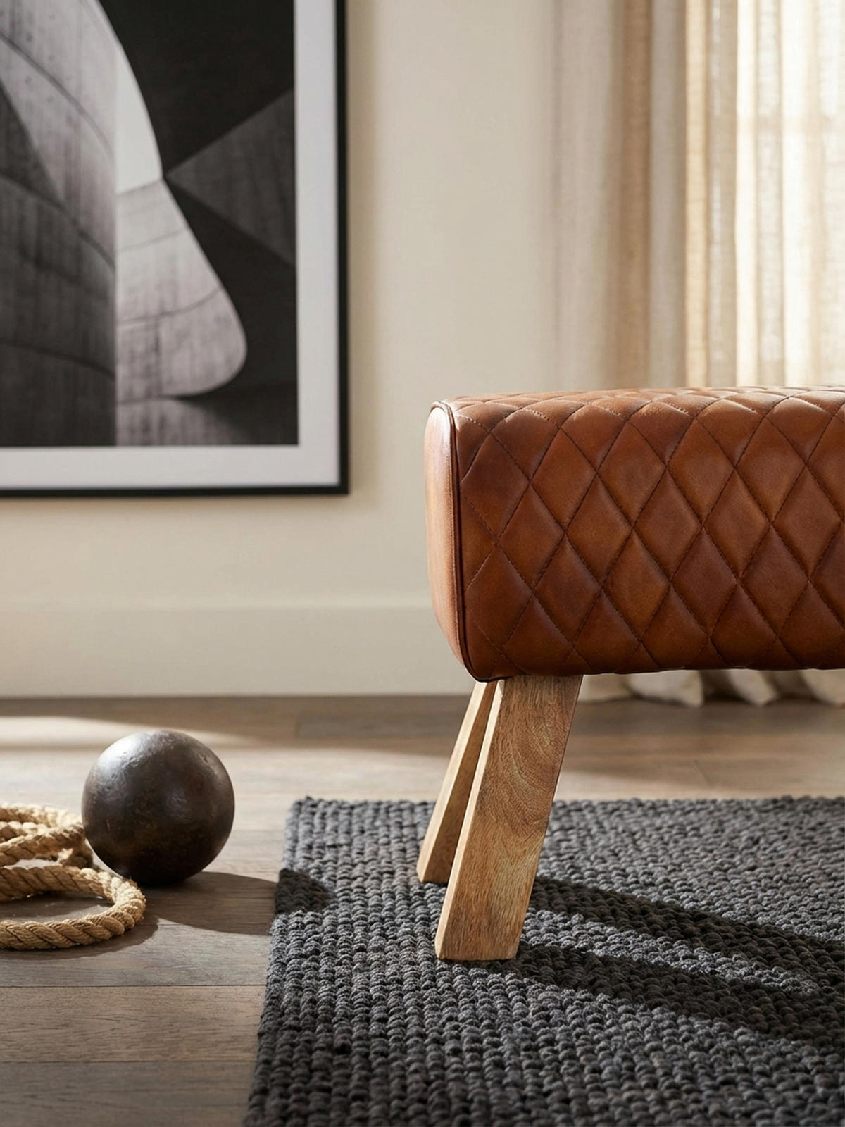 SITZBANK – Leder/Mango Massivholz, ohne Lehne - Braun, Mangoholz/Leder (89/46/35cm) - KADIMA DESIGN