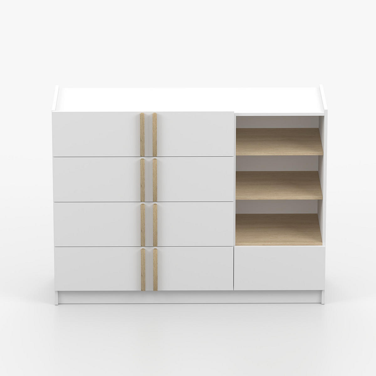 KOMMODE SEVILLA 5S 90 cm Weiß/Weiß, fünf Schubladen, Holzgriffe - Buchefarben/Weiß, Holzwerkstoff (135/96/47cm) - imoebel24