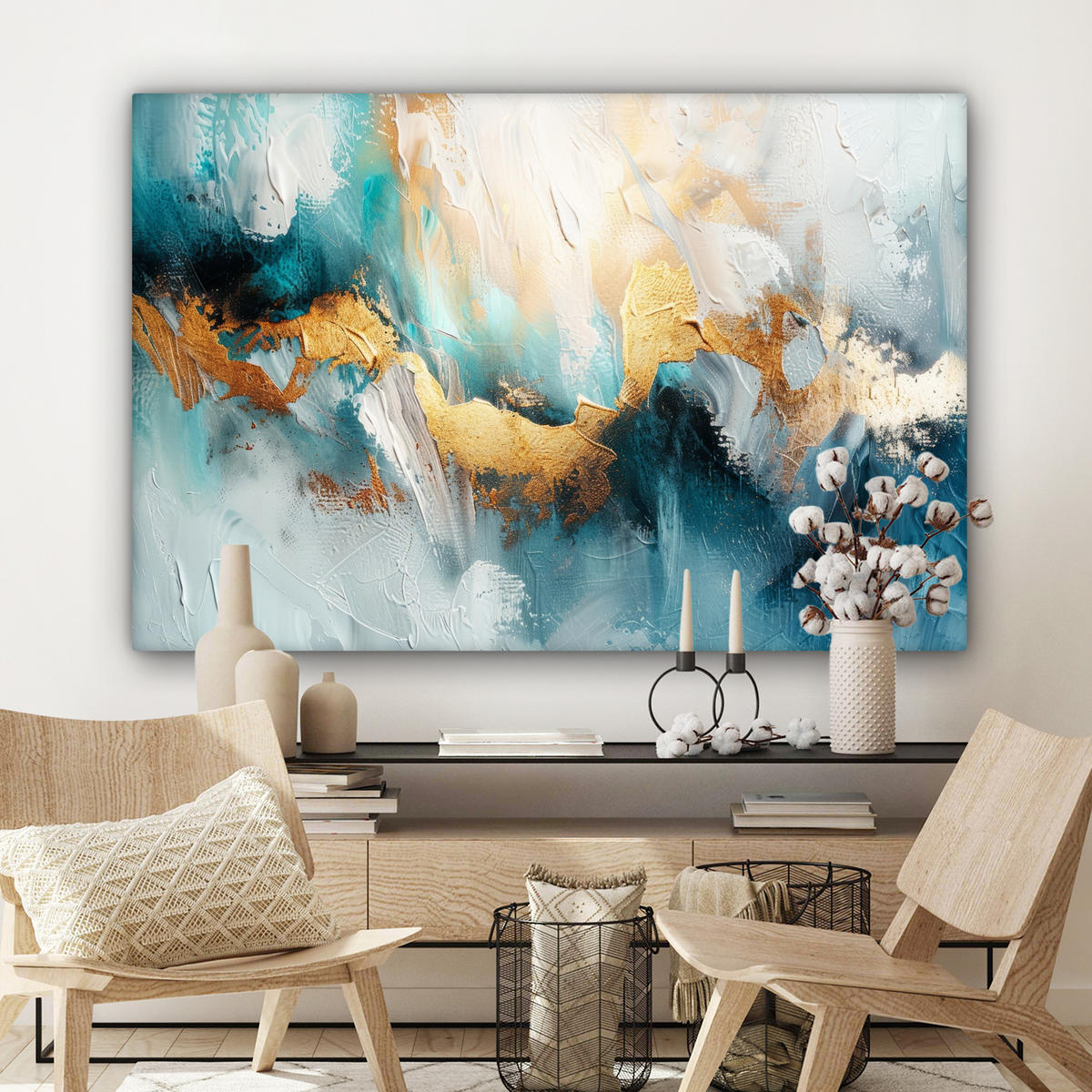 LEINWANDBILD Abstrakt - Kunst - Gold - Blau Wohnzimmer 120x80 cm - Petrol, Textil (120/80cm) - MuchoWow