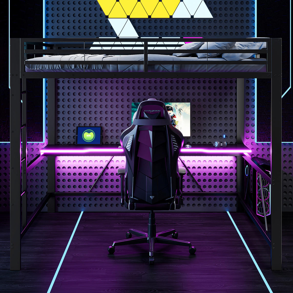 HOCHBETT 160/200 cm in Schwarz mit LED, USB und Schreibtisch - Schwarz, Holzwerkstoff/Metall (160/200cm) - WISHDOR