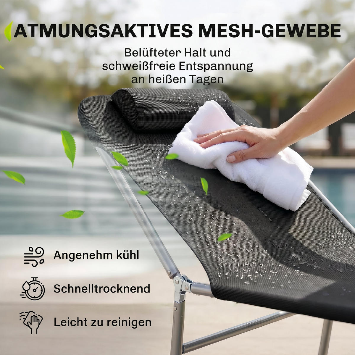 SONNENLIEGE klappbar Gartenliege mit Kopfkissen 5-Fach Campingliege 120kg Schwarz - Schwarz, Metall (182/28/56cm)