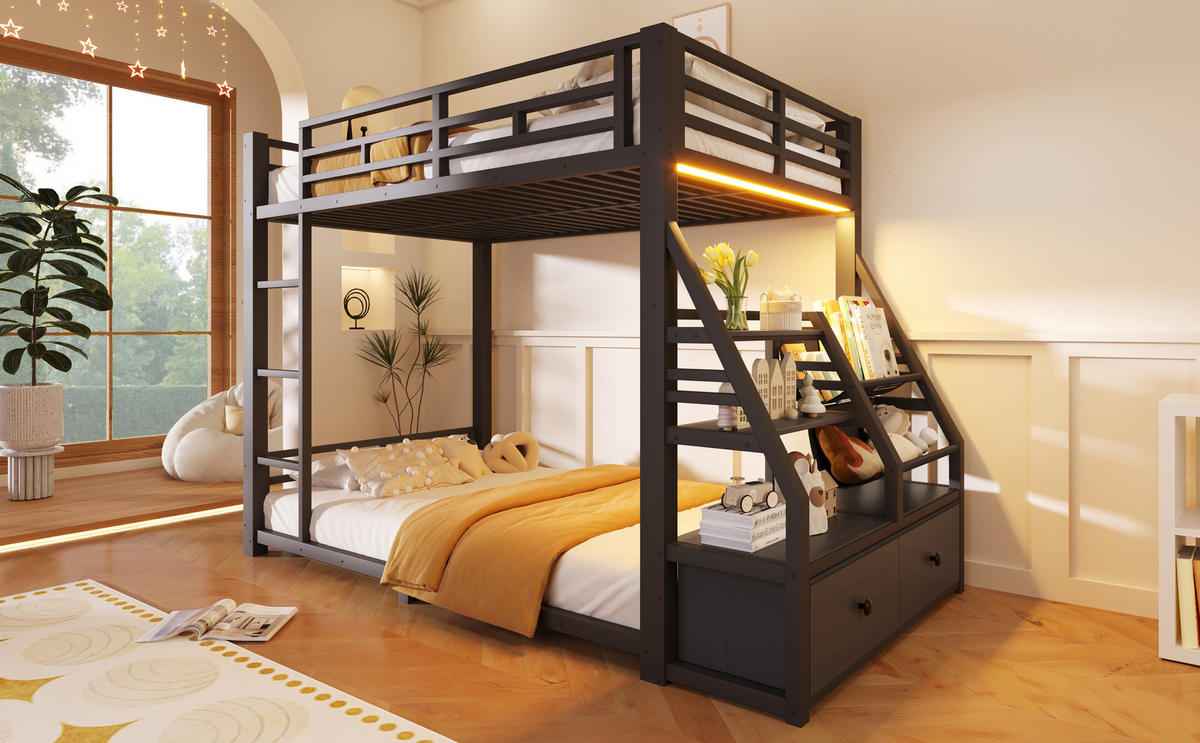 ETAGENBETT 90/200 cm & 90/200 cm in Schwarz mit 2 Schubladen, LED und Ablagen - Schwarz, Metall (90/200cm) - CHICFURN