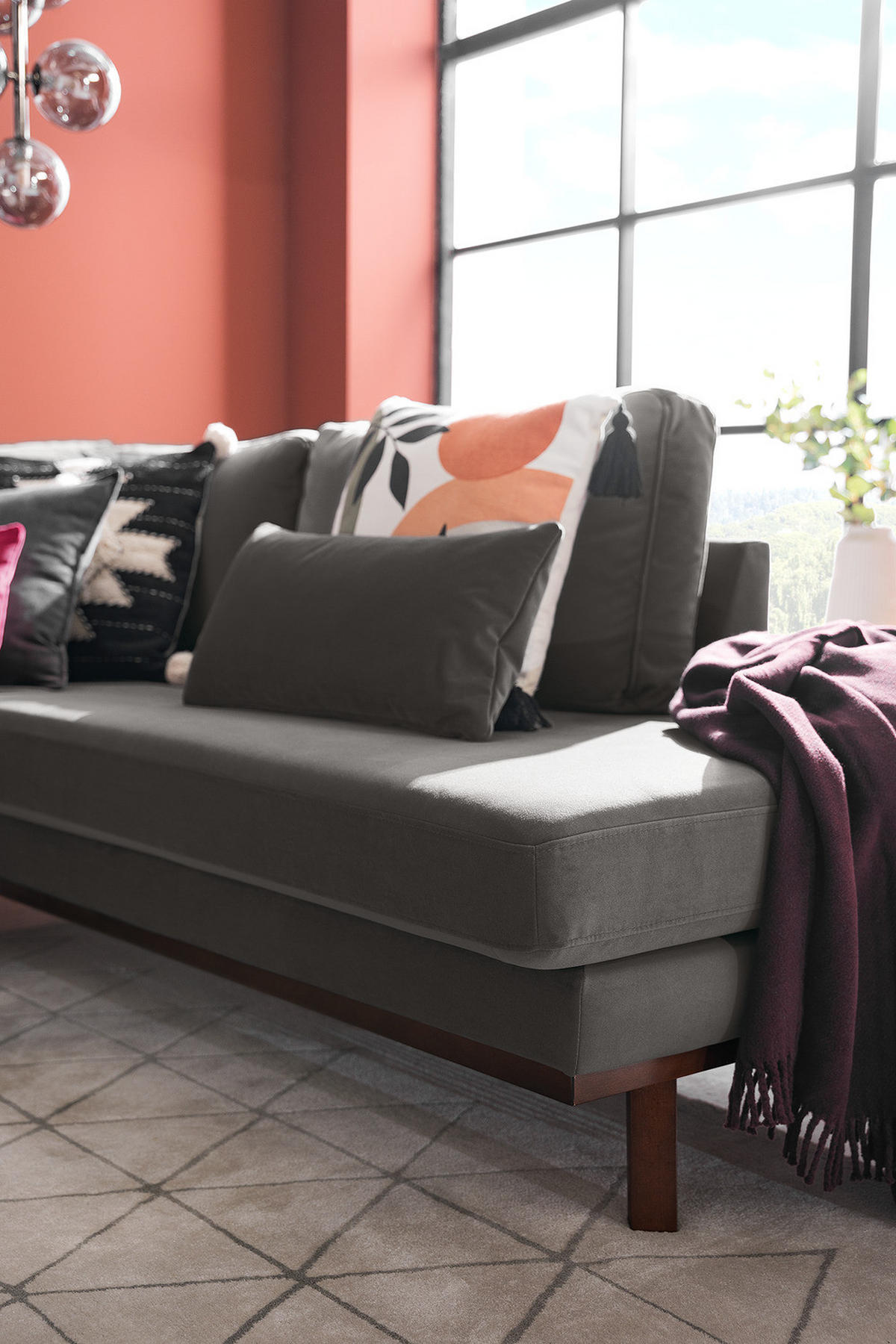 ECKSOFA mit Ottomane - Dunkelgrau/Buchefarben, Buchenholz/Textil (287/219cm) - home24