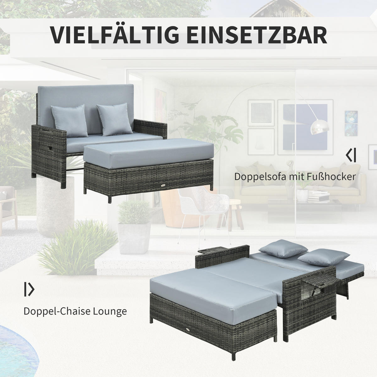 GARTENMÖBEL Set, PE Polyrattan, Grau - Grau, Kunststoff - Outsunny
