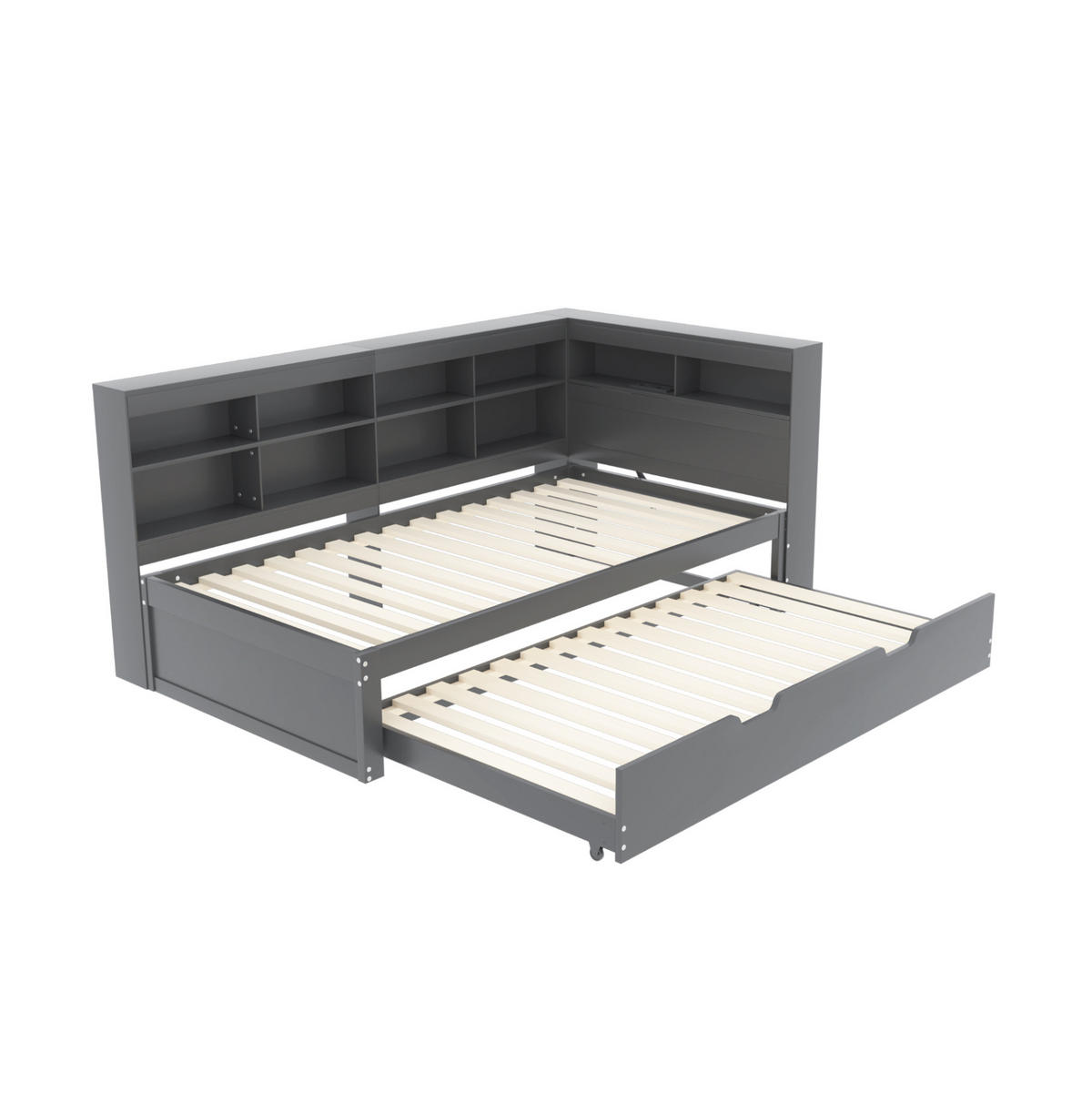 AUSZIEHBETT 90/200 cm mit Gästebett 90/190 cm, Grau, mit USB-Anschluss und Stauraum - Grau, Holz (90/200cm) - Flora Grace
