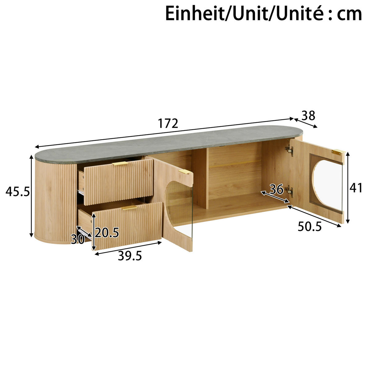 LOWBOARD 172/38/45.5 cm Natur aus MDF und Glas mit ovaler Vitrine - Hellbraun, Holzwerkstoff (38/45.5/172cm) - OKMYHOME