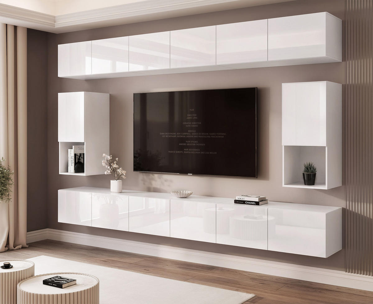 WOHNWAND ANGEL LINE IV 4-teilig, mit LED-Beleuchtung, Weiß Hochglanz - Weiß Hochglanz, Holzwerkstoff (300/162/40cm) - Idohome