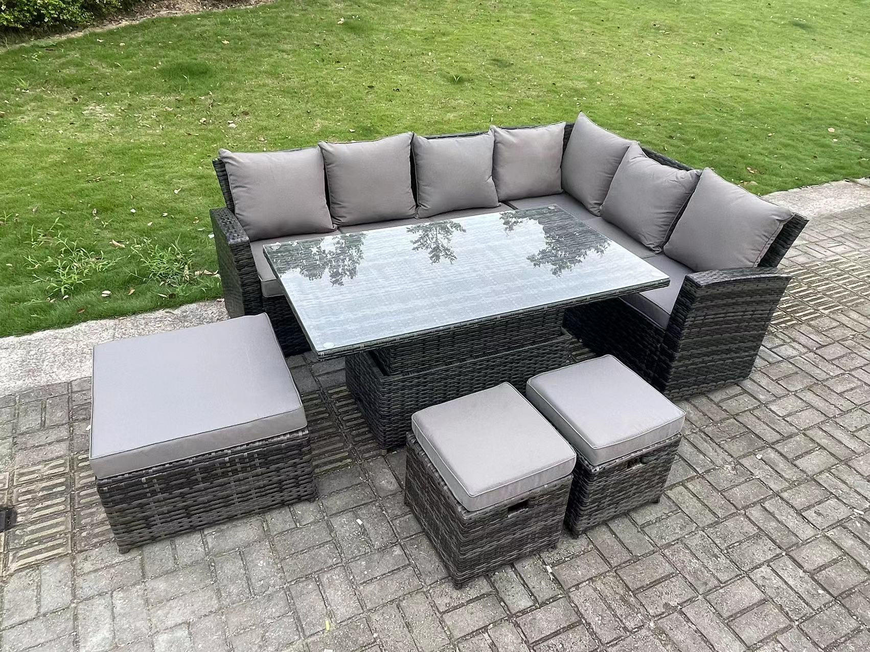 GARTENTISCHGRUPPE Polyrattan 9-Sitzer - Dunkelgrau/Grau, Glas/Kunststoff - Fimous