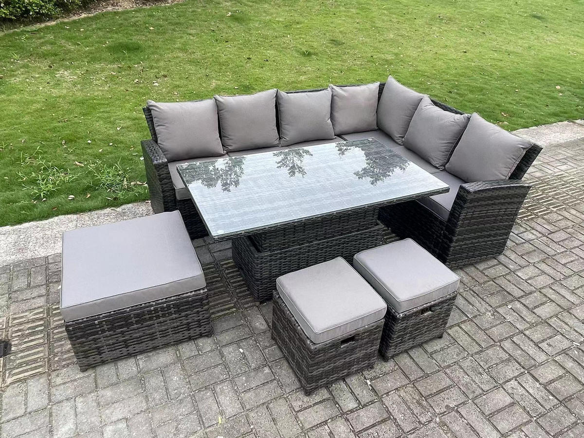 GARTENTISCHGRUPPE Polyrattan 9-Sitzer - Dunkelgrau/Grau, Glas/Kunststoff - Fimous