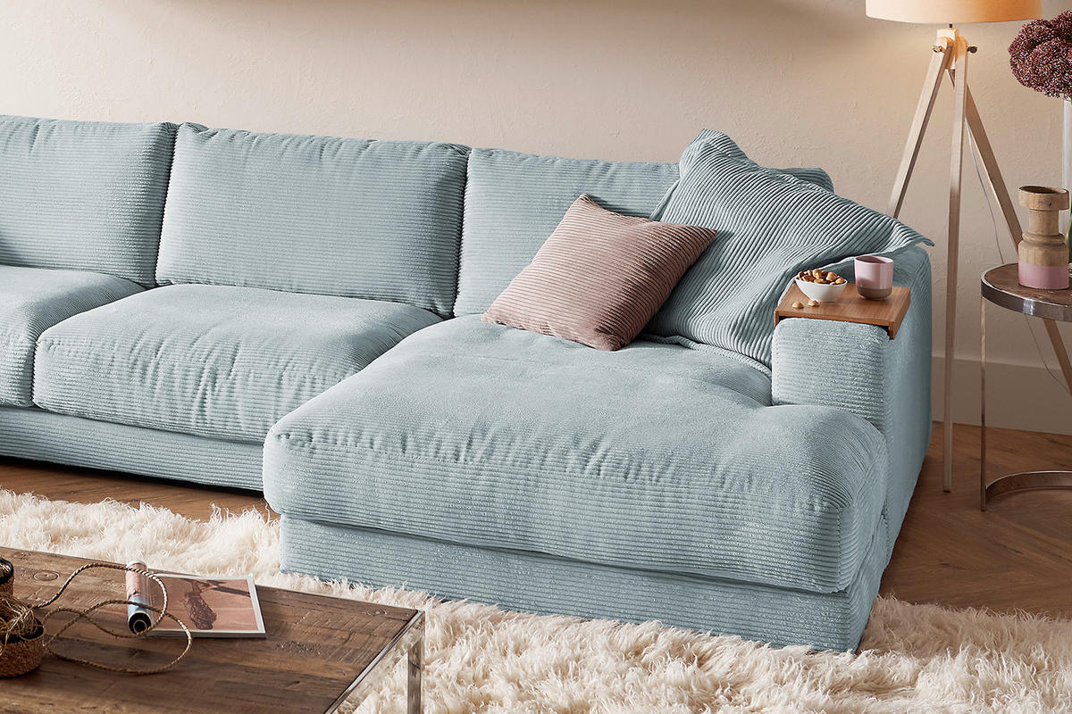 WOHNLANDSCHAFT MADELINE Hellblau Cord - Schwarz/Hellblau, Kunststoff/Textil (425/86/224cm) - KAWOLA