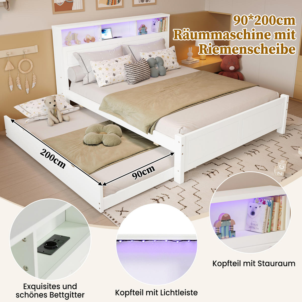 BETT 120/200 cm & 90/190 cm in Weiß mit Ausziehbett, LED, USB und Regal - Weiß, Holz/Holzwerkstoff (120/200cm) - WISHDOR
