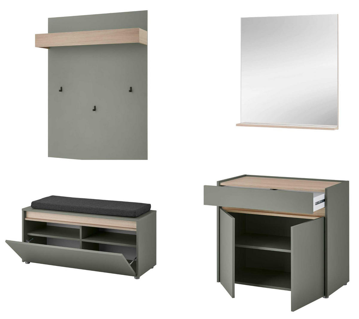 GARDEROBE Set 5-teilig Salbei Grün mit Eiche, Flurgarderobe mit Schuhschrank und Spiegel 190 x 200 cm, inkl. Sitzkissen - Salbeigrün/Eichefarben, Glas/Holz (190/200/40cm) - Furn.Design