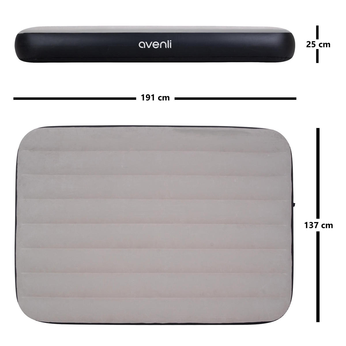 LUFTBETT Luftmatratze Camping 2 Personen 191x137x25 cm grau - Schwarz Hochglanz/Grau, Kunststoff (137/191cm) - Avenli