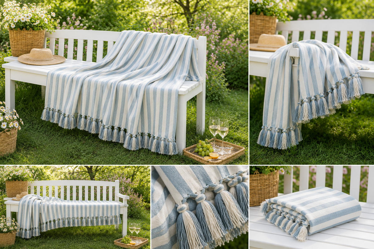WOHNDECKE Baumwolle 130x180 cm Mit Fransen – Blaue Streifen - Blau, Naturmaterialien (130/180cm) - AU Maison