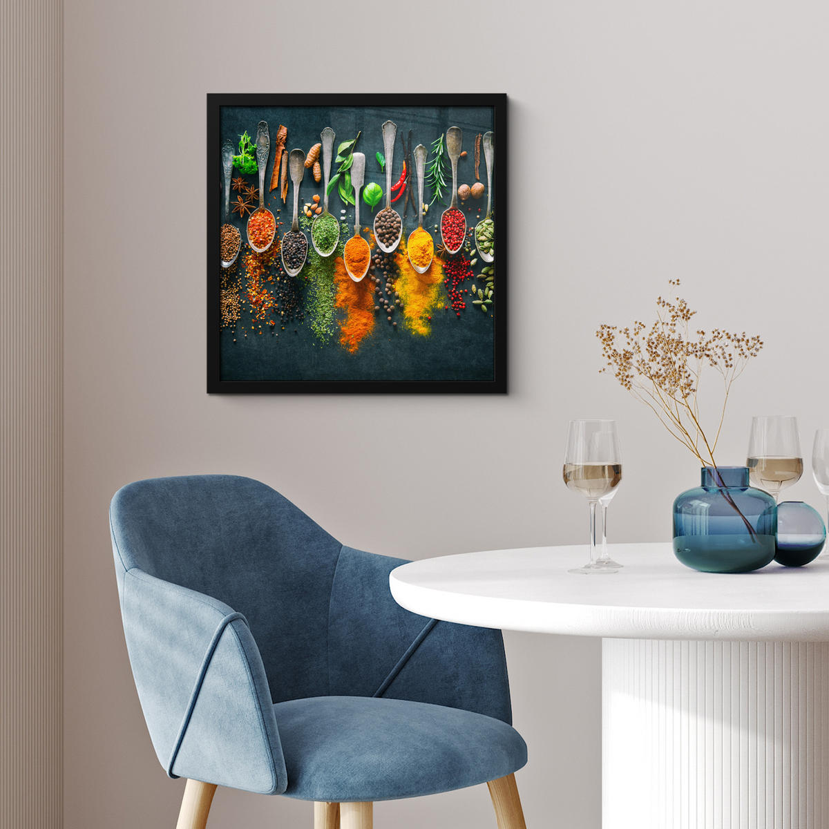 ZARÁMOVANÝ PLAGÁT Bylinky - korenie - lyžičky 40x40 cm - kari žltá, papier (40/40cm) - MuchoWow