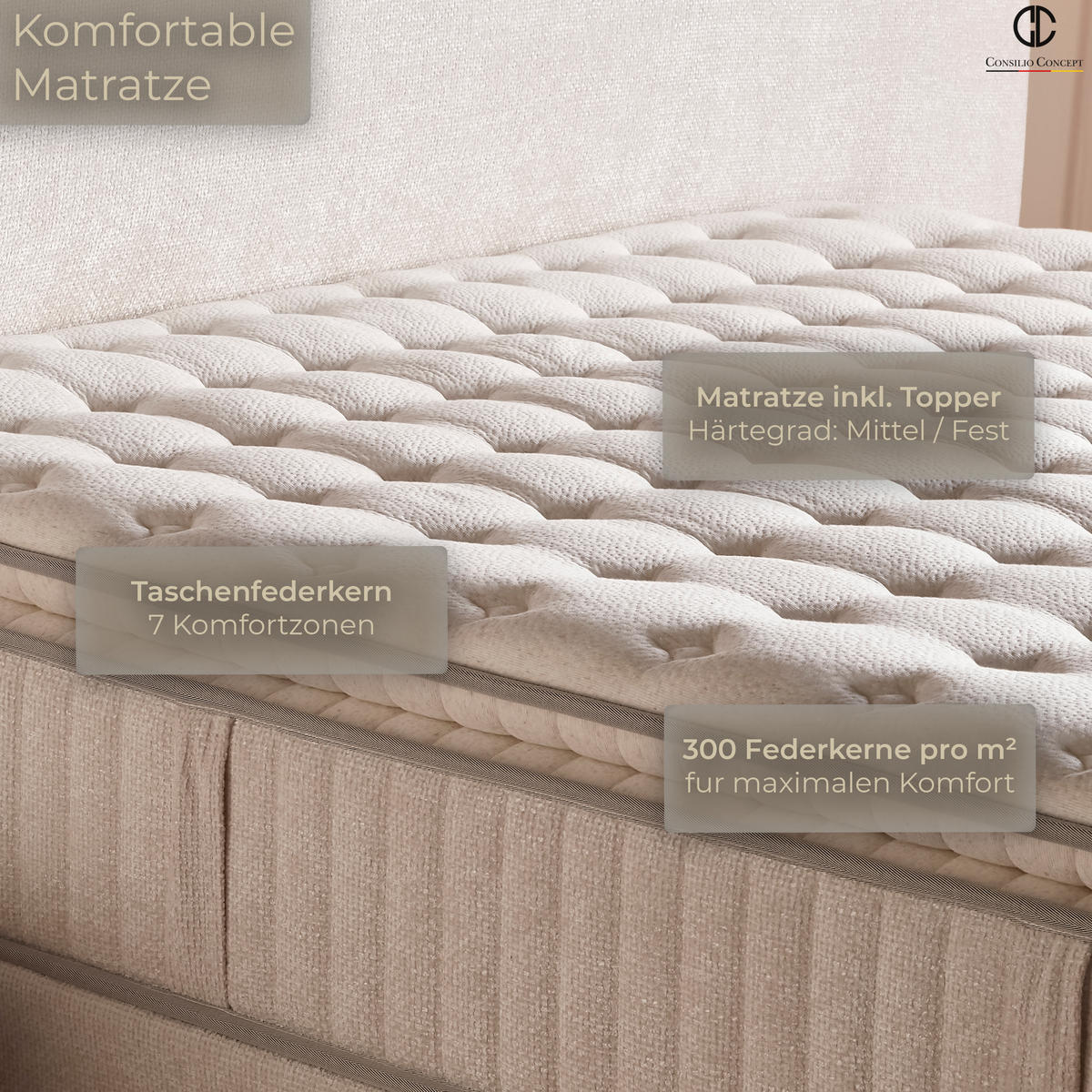 BOXSPRINGBETT MIT BETTKASTEN BALI 160/200 cm, Ivory, Bettkasten, Matratze, Topper integriert, H3 mittel 7-Zonen Matratze - Creme/Schwarz, Holz/Kunststoff (160/200cm) - Consilio Concept