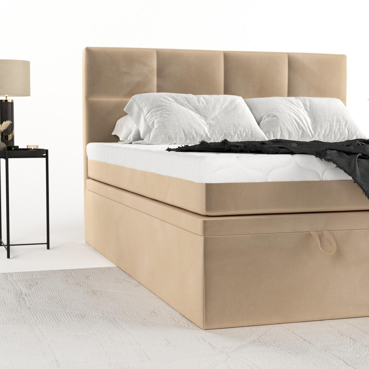 BOXBETT Tessa 200/200 cm Beige im Kronos Stoff - Beige/Schwarz, Holz/Holzwerkstoff (200/200cm) - AltaBeds