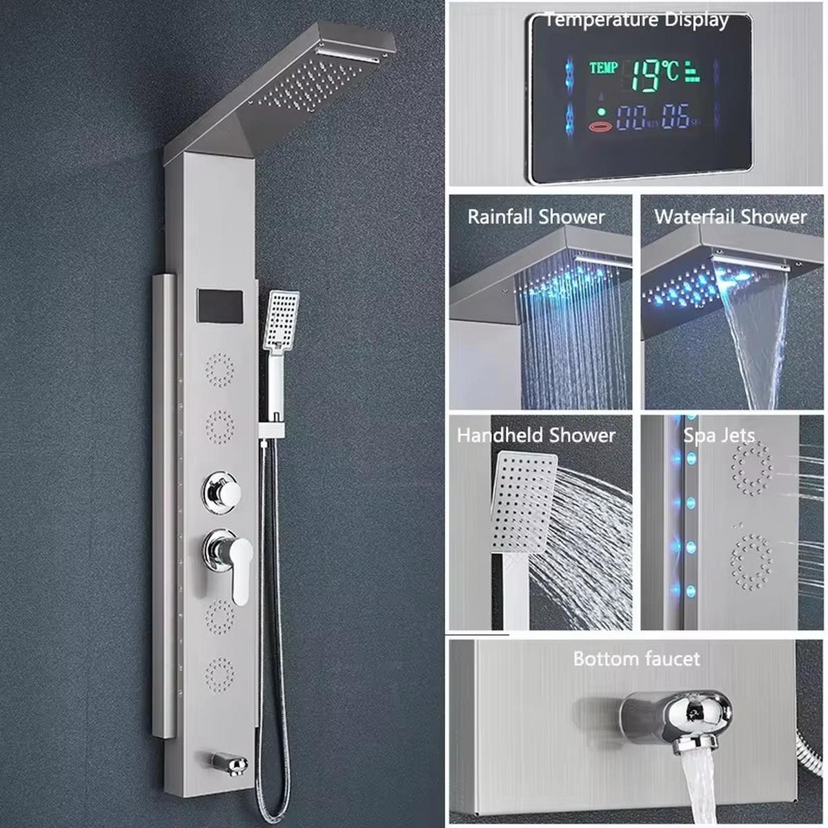 ÜBERKOPFBRAUSESET Silber LED Edelstahl Regendusche Massagedusche Duschpaneel - Silberfarben, Metall (15/125/46cm) - Kaket