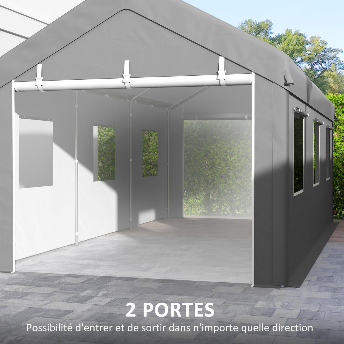 CARPORT DE-12609 600/295/278 cm 160 g/m² mit 2 Rolltüren und 6 Fenstern Grau - Hellgrau, Kunststoff (295/278/600cm) - ComfortXL