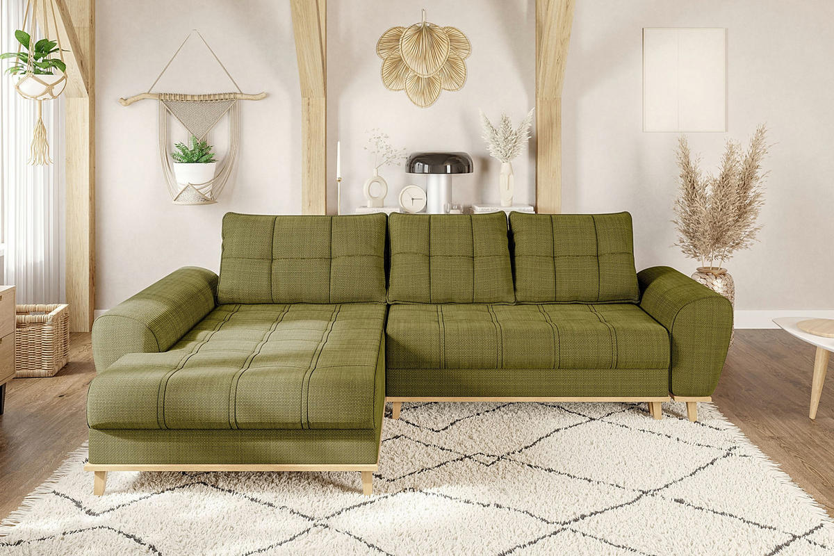 ECKSOFA im Scandi-Stil, Schlaffunktion, Bettkasten B268/T175/H86 cm, Ottomane links, Liegefl. 128x209 cm, Bouclé Chenille Stoff in Grün / 21016 - Eichefarben/Grün, Holz/Textil (268/175cm) - luma-home