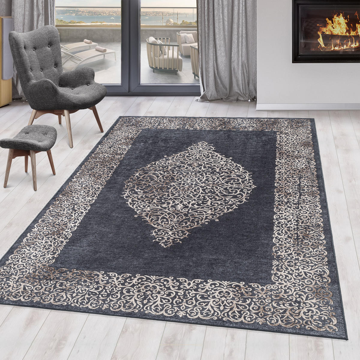 TEPPICH Waschbar Flachgewebe Barock Polyester Wohnzimmer Schwarz Rechteckig 200x290 - Schwarz, Textil (200/290cm) - KADIMA DESIGN