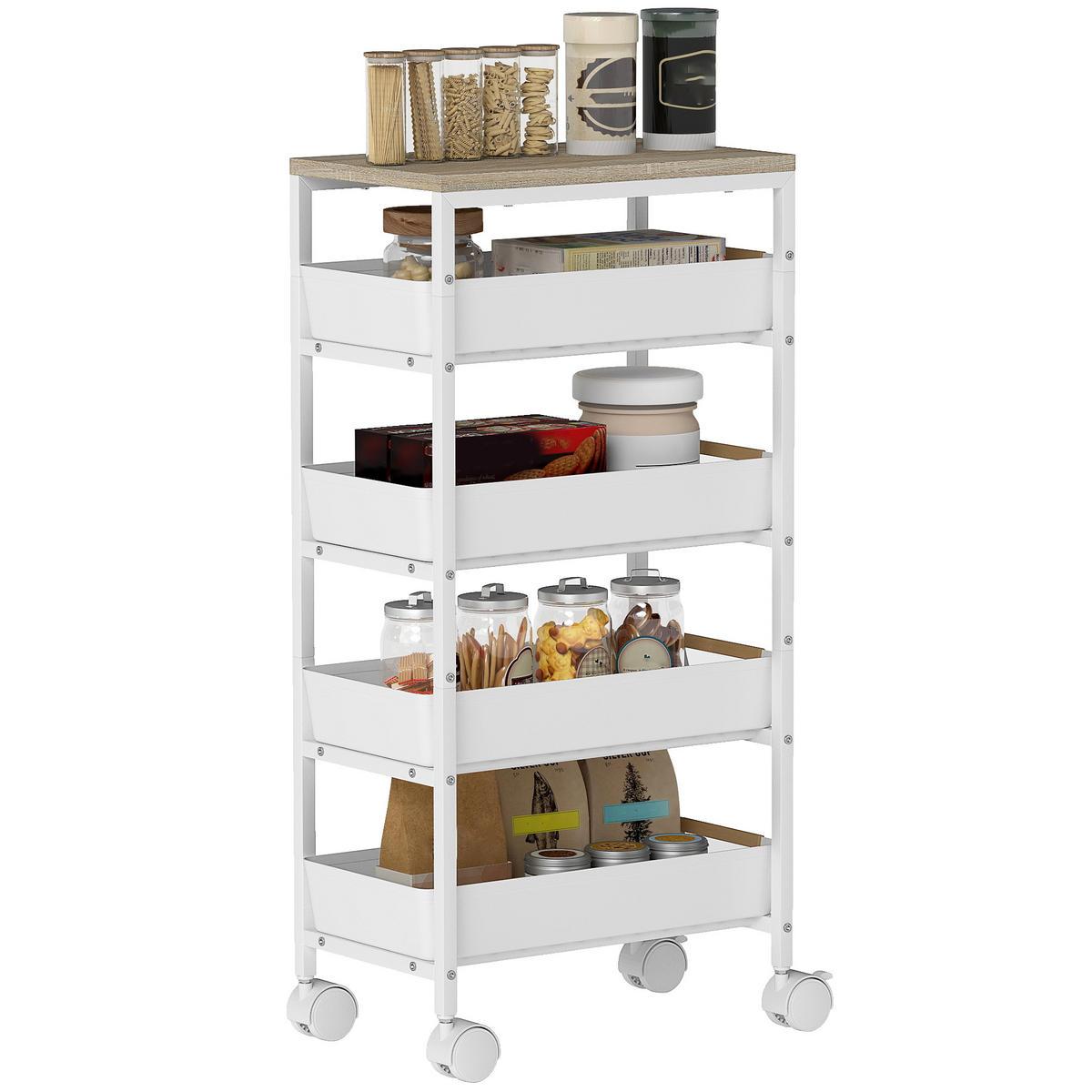KÜCHENWAGEN, 5-stufiger rollbarer Wagen mit Holzoptik-Schubladen, Metallrahmen, Weiß - Multicolor, Metall (39.5/82/24cm) - FORIOUS