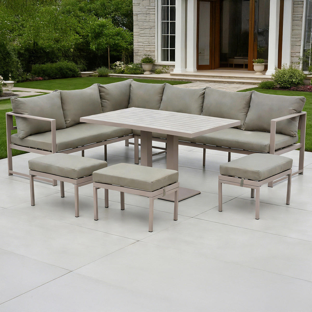 DINING-LOUNGESET - 6-teilig - Eisen / Polyester - Taupe, Textil/Metall - home24