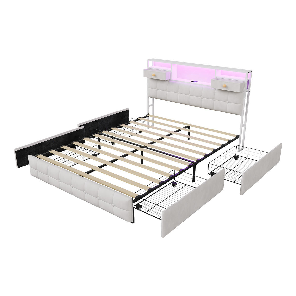 POLSTERBETT 140x200 cm mit LED, USB & 4 Schubladen, Cremeweiß - Creme, Metall (140/200cm) - EuroLiving