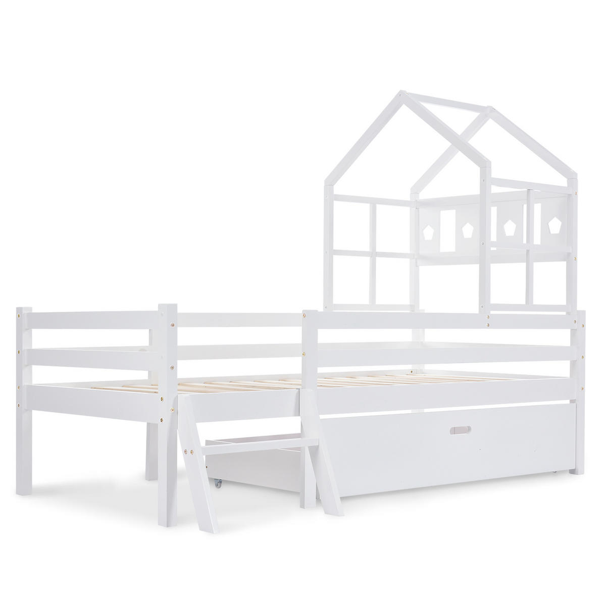 HAUSBETT 90/200 cm Weiß aus Massivholz mit Schublade - Weiß, Holz (90/200cm) - OKMYHOME