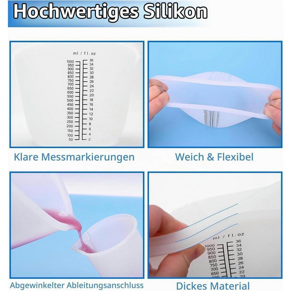 MESSBECHER Set 2-teilig Silikon 1000 ml mit Rührstäbchen - Blau, Kunststoff (1L)