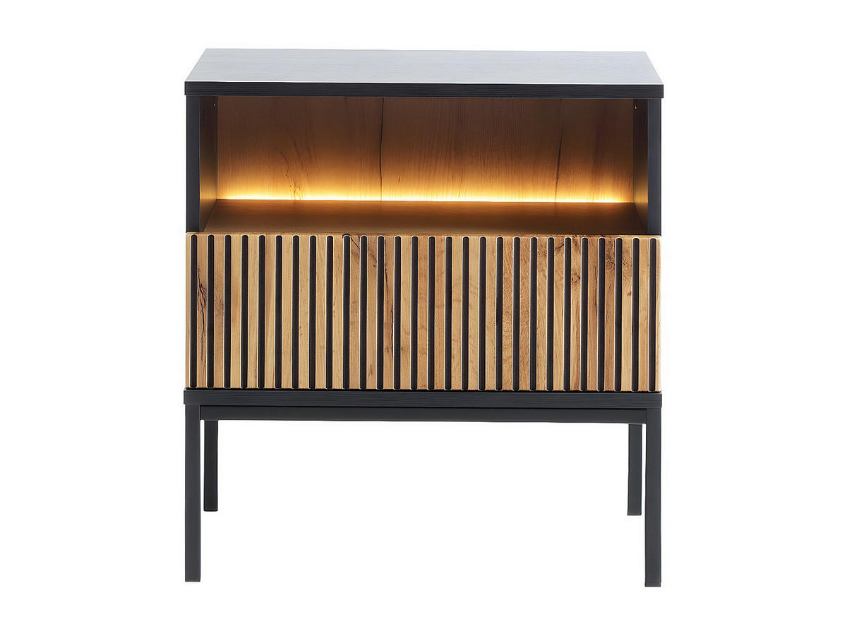 2ER-SET Nachttische mit 1 Schublade & 1 Ablagefach - Mit LED-Beleuchtung - Schwarz und Holzfarben - OVILA - Schwarz, Holz (53.6/56.2/39cm) - Vente-Unique