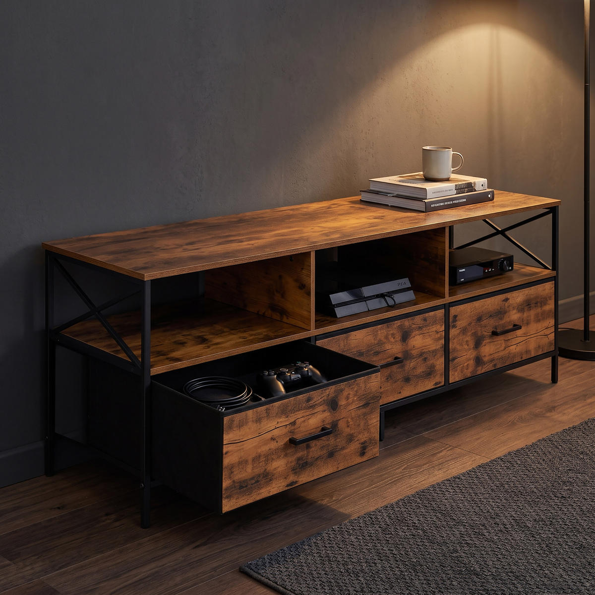TV-LOWBOARD Industrial-Schwarz Stoffschubladen - Braun, Holzwerkstoff/Textil (147/50/40cm) - Relaxdays