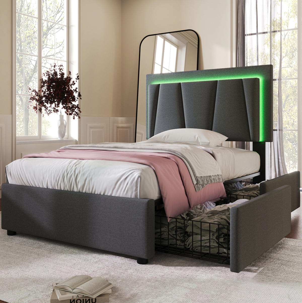 BETT mit LED und 2 Schubladen 90x200 cm Grau - Grau, Holz (90/200cm) - Meubliv