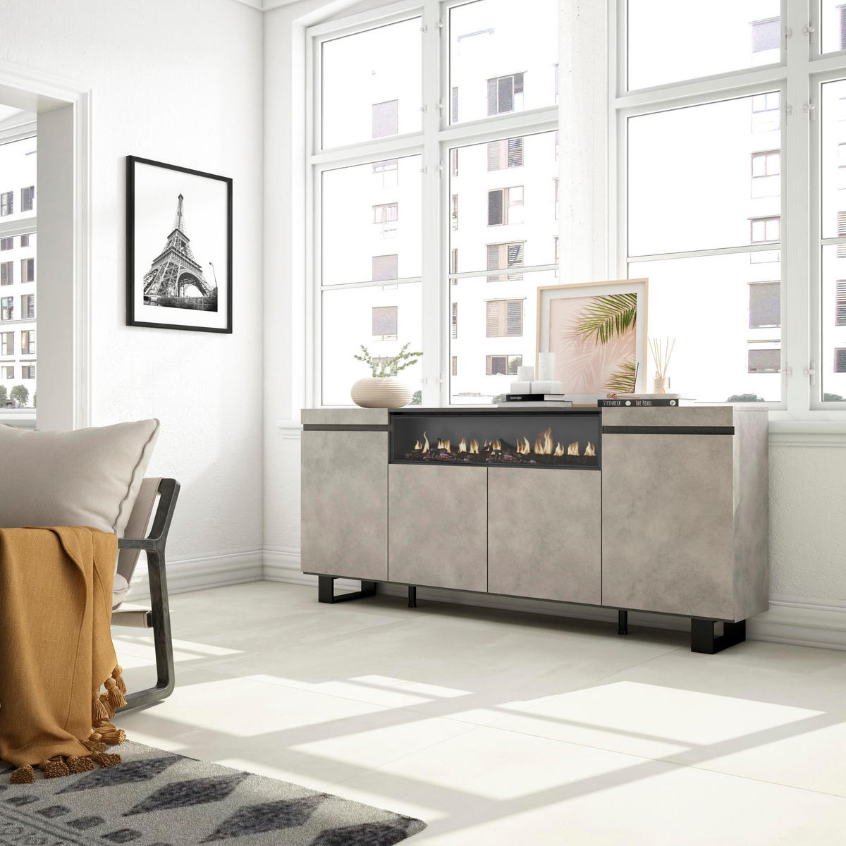 SIDEBOARD Elektrokamin, zementgrau, 200/35/87cm - Grau, Holzwerkstoff (200/87/35cm) - Skraut Home