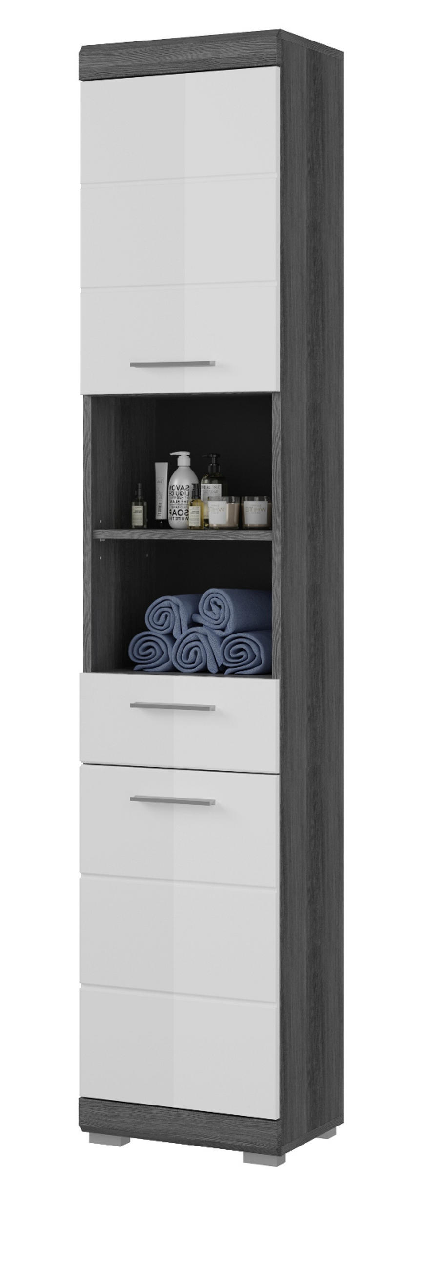 HOCHSCHRANK weiß Hochglanz, grau 190 cm, Badschrank Türanschlag wechselbar - Weiß Hochglanz/Silberfarben, Holzwerkstoff/Kunststoff (37/191/31cm) - Inn.Furn