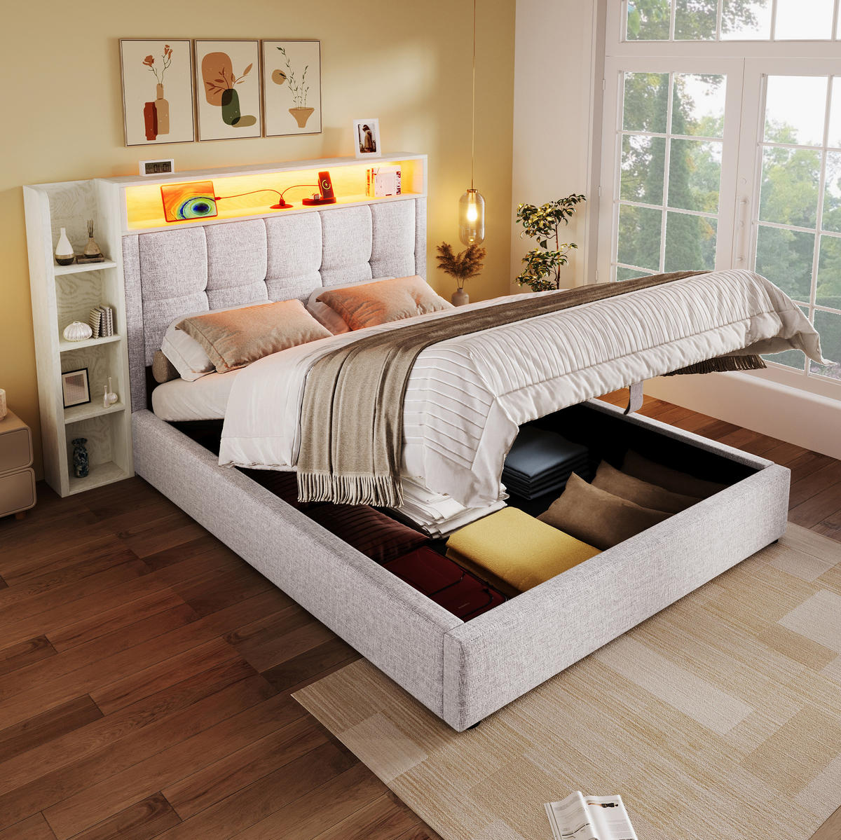 POLSTERBETT 90/200 cm Beige mit Stauraum, LED-Beleuchtung und USB- und Type-C-Anschlüssen - Beige, Textil (90/200cm) - Flora Grace