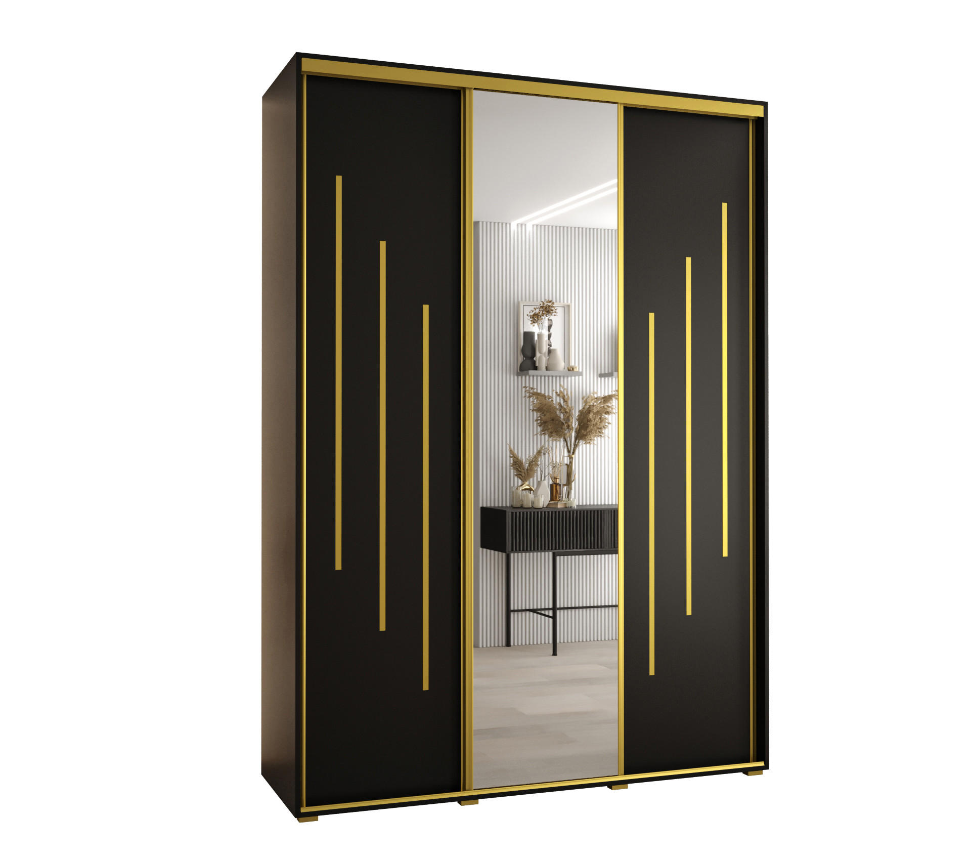 Abiks Möbel Schwebetürenschrank Schwarz, Schwarz, Gold 170x235x60 cm