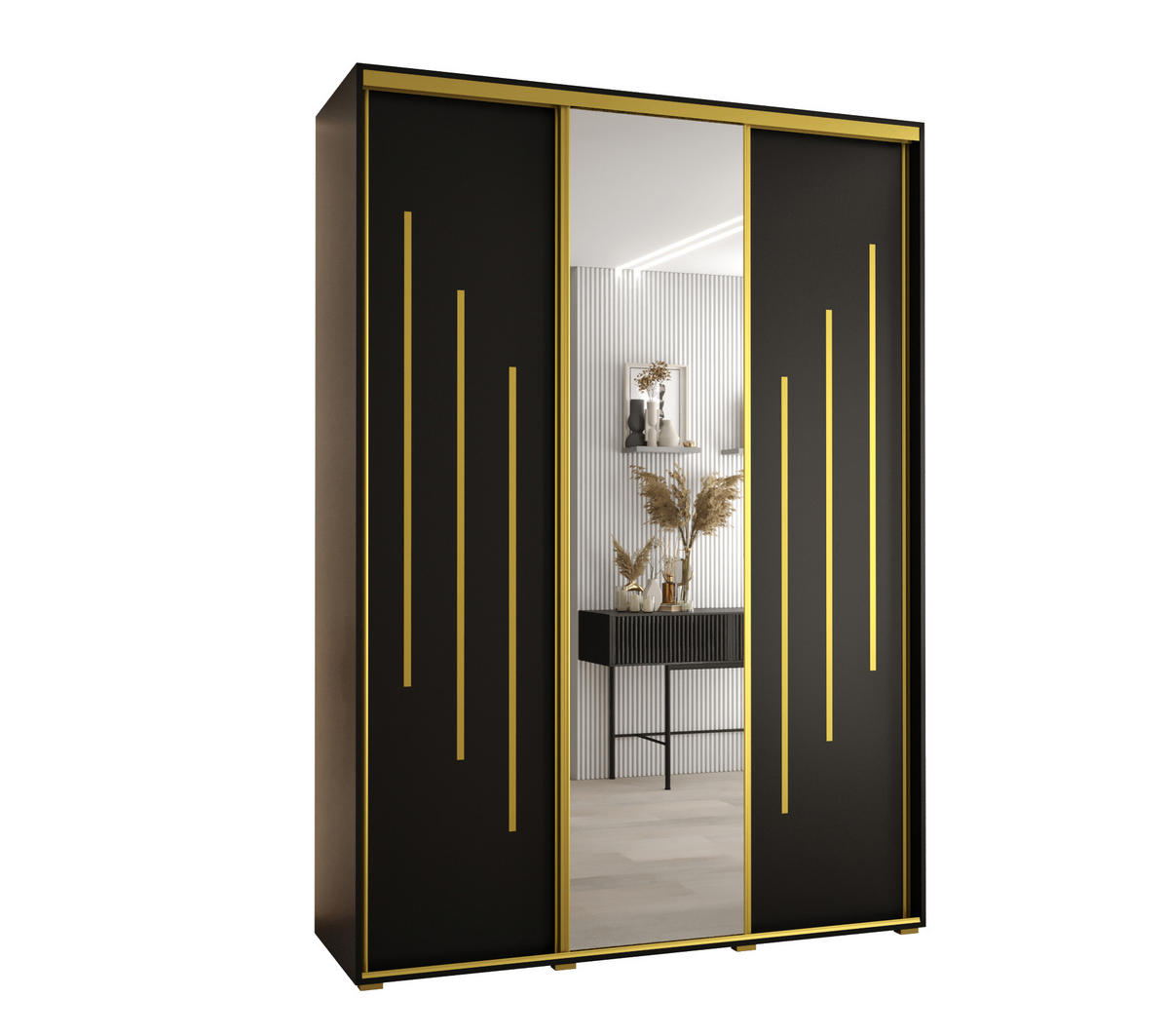 SCHWEBETÜRENSCHRANK 235,2/180/60 3-türig - Goldfarben/Schwarz, Holz/Metall (180/235/60cm) - Abiks Möbel