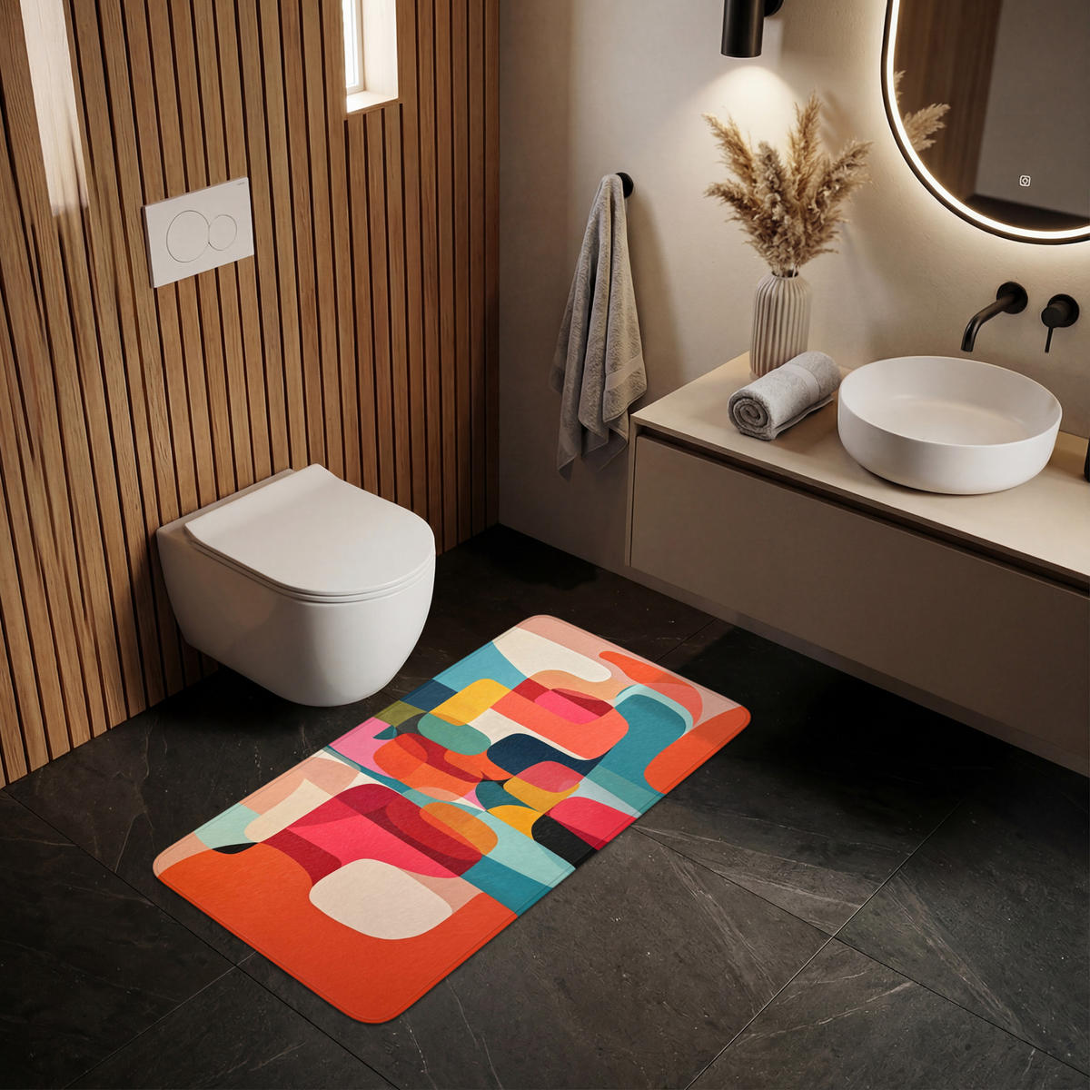 KOUPELNOVÁ PŘEDLOŽKA Tvary - barevné - abstraktní - letadla 120x60 cm - různobarevná, textil/plast (120/60cm) - OnlyWow
