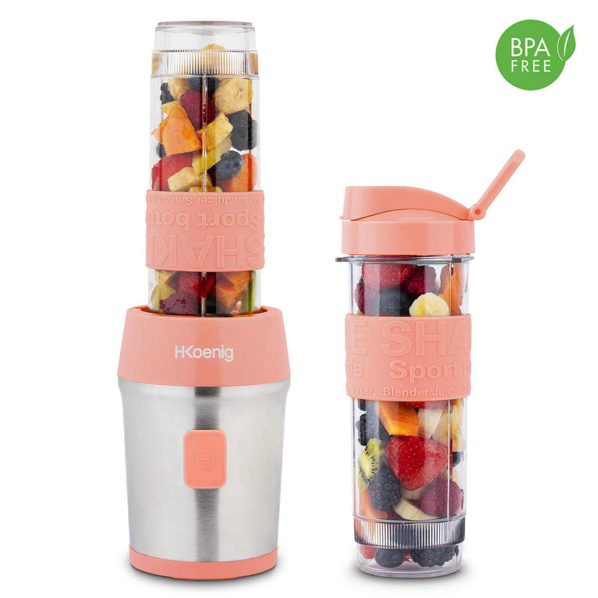 SMOOTHIE Maker SMOO10 Koralle, 570ml, BPA-frei, 2 tragbare Flaschen, Edelstahlklingen, 300W - Rosa, Metall (11.3/35/15cm) - HKoenig