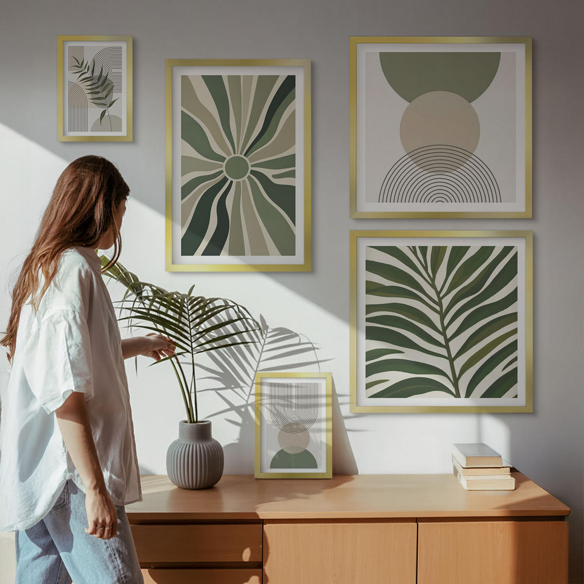 BILDER SET 5er Set - 50x50 cm & 20x30 cm & 40x60 cm Goldrahmen - Abstrakte Blätter im Boho-Stil - Goldfarben, Kunststoff (40/60cm) - TULUP