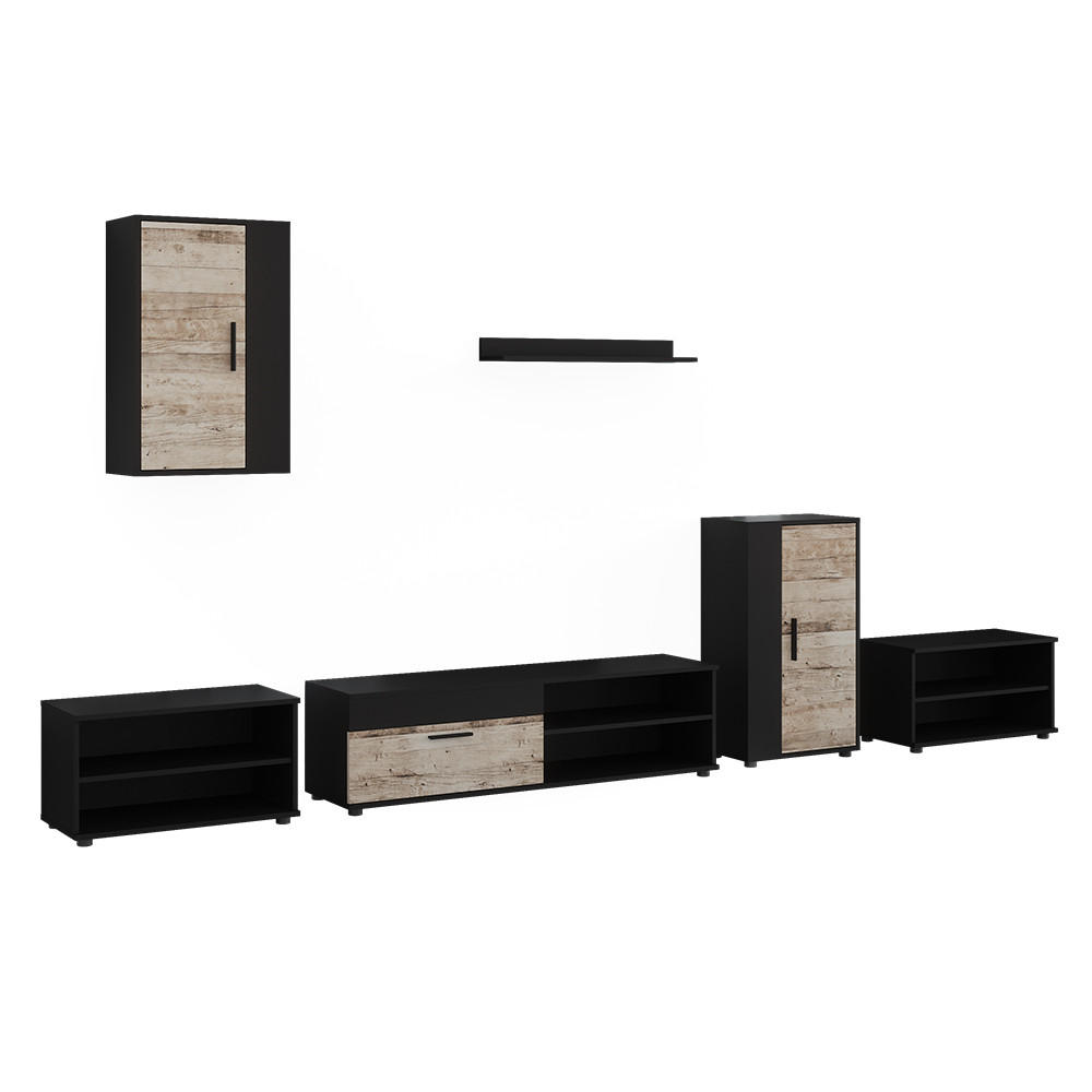 UNITATE DE PERETE Berno, Negru/stejar de nisip, set, 6 piese - stejar Sonoma/negru, compozit lemnos (140/38.7/35.2cm) - Vicco