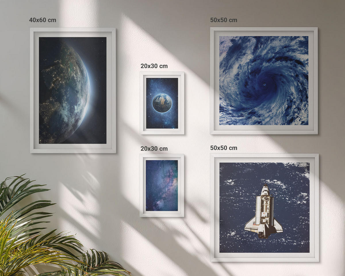 WANDBILDER 5er-Set - 50x50 cm & 20x30 cm & 40x60 cm Weißer Rahmen - Erde Weltraumsturm Galaxie - Weiß, Kunststoff (40/60cm) - ArtPrintCave
